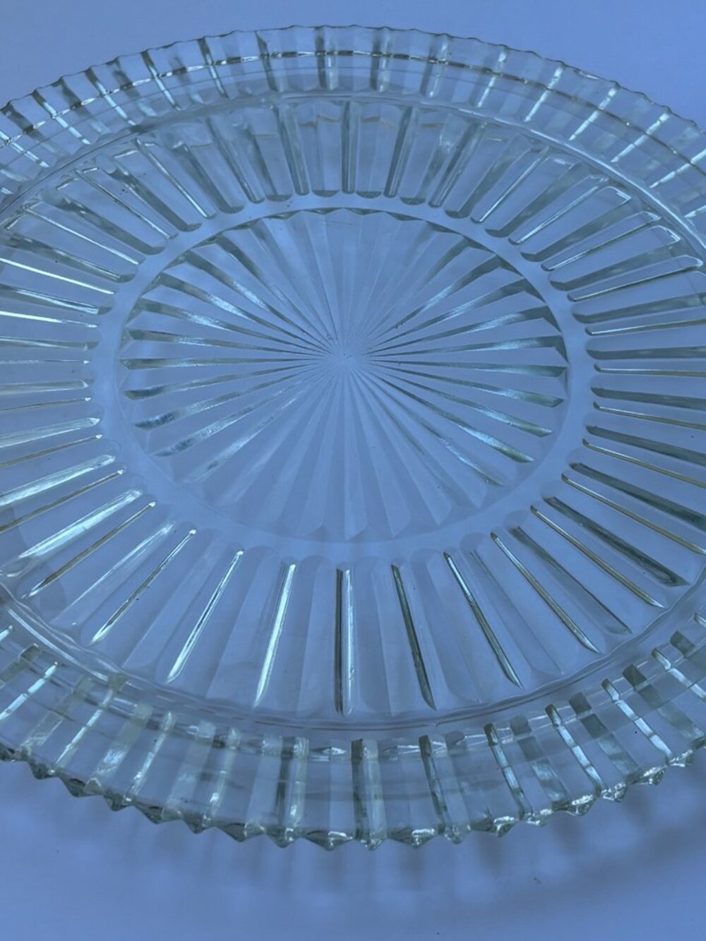 Vintage Clear Pressed Glass Cake Plate Platter Sunburst Ribbed Pattern